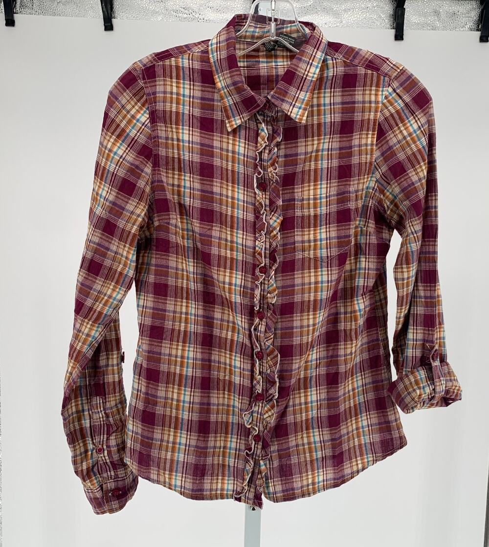 vintage 90s cottagecore ruffled shirt cotton maroon plaid women's size medium